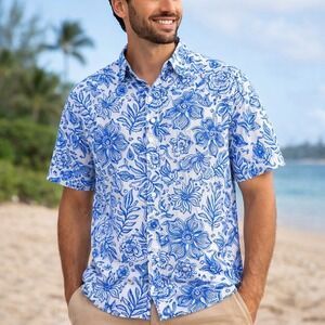 Blue White Floral Hawaiian Shirt Mens L Rayon Tropical Camp Beach Resort Aloha